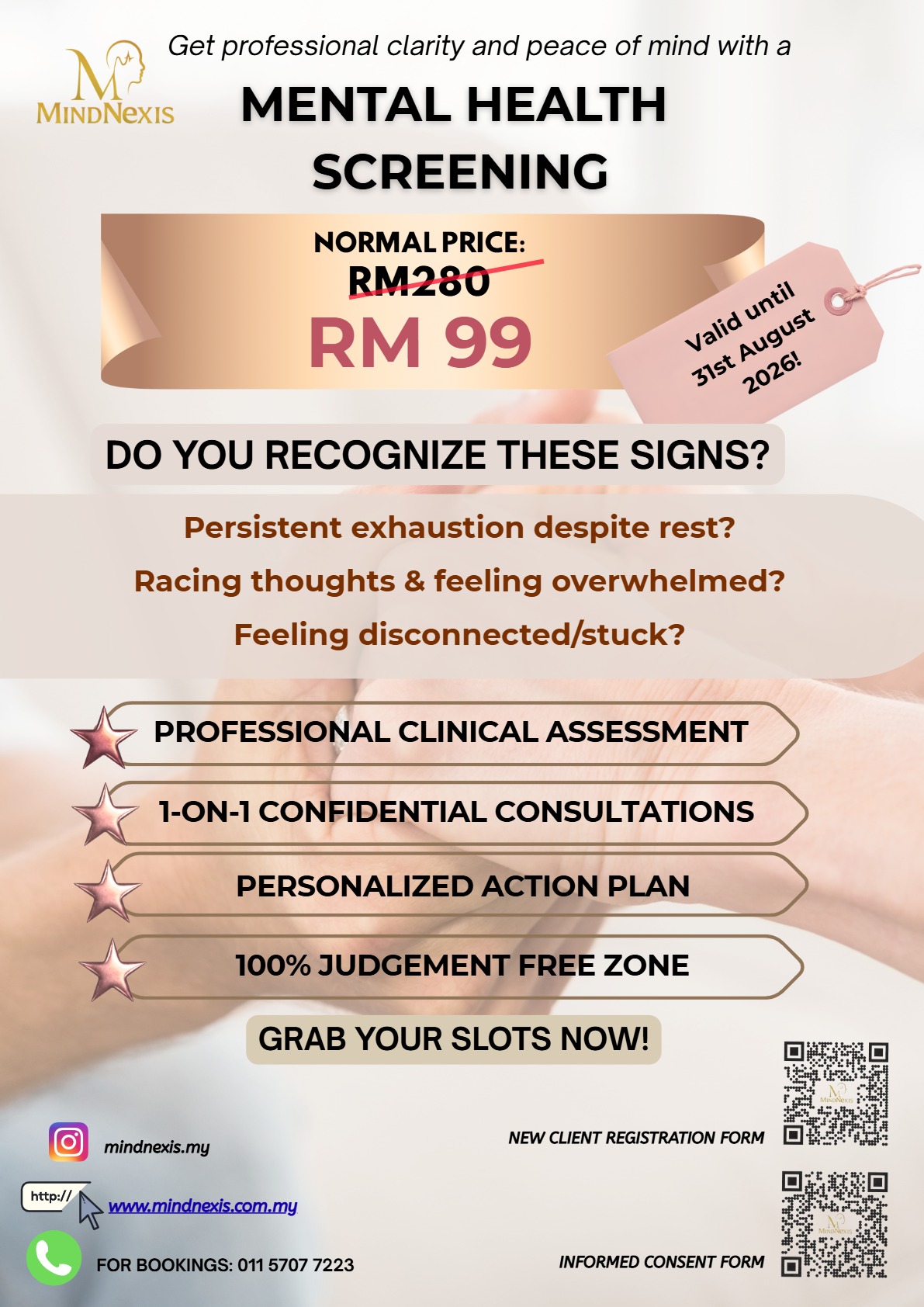 MindNexis Mental Health Screening promotional poster – RM99 offer.